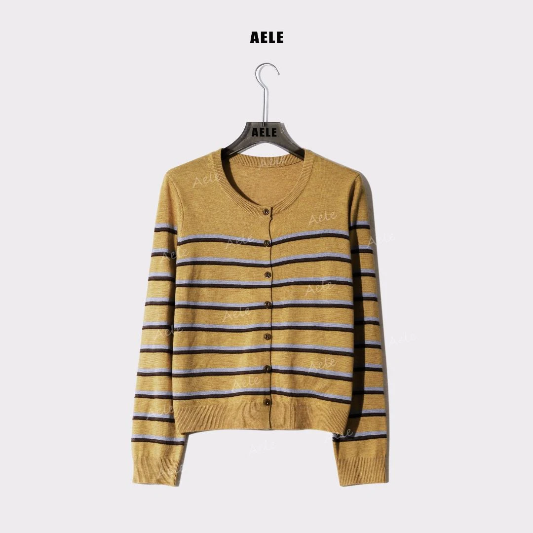 AELE【小鸡黄】条纹圆领撞色单排扣针织开衫秋冬外套 X853 2378 AD