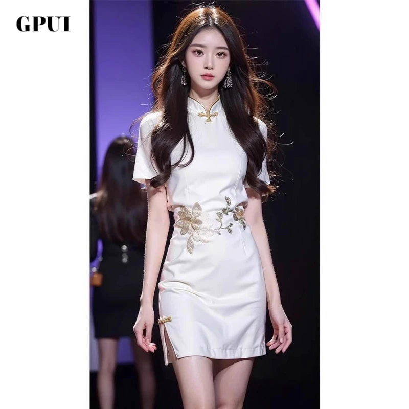 GPUI新中式国风的复古连衣裙子女白色新款蕾丝短款改良显瘦开叉短