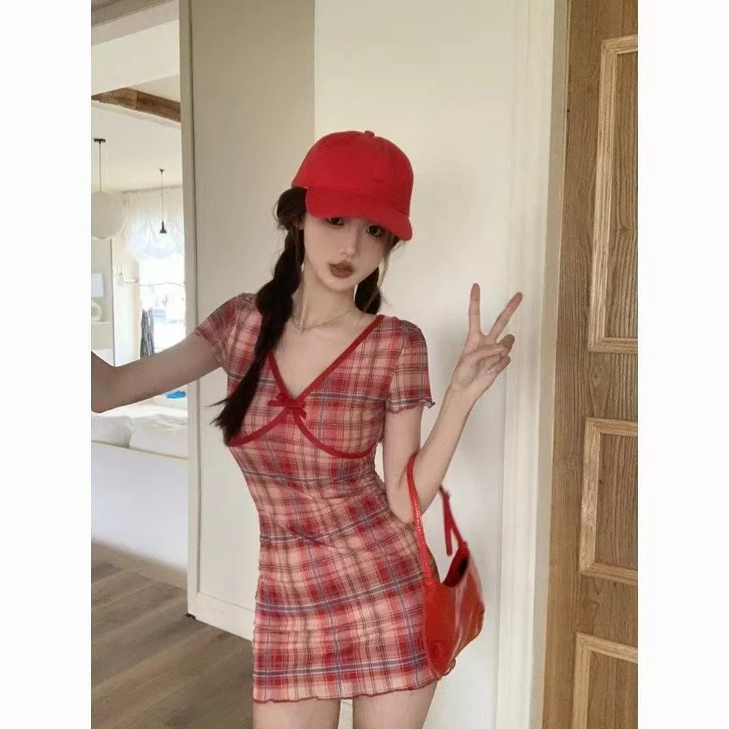 【直播专用链接，下单请备注编号，不备注随便发】法式红色格子短袖连