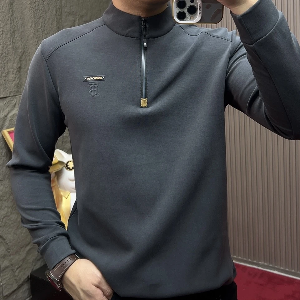 2025-8968男士长袖保暖拉链套头秋冬休闲立领卫衣加绒刺绣修身