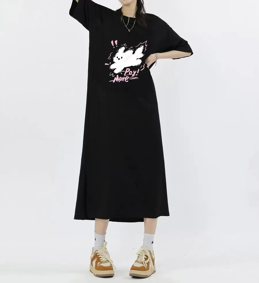 女减龄夏季短袖设计感中长款开叉连衣裙女韩系慵懒风裙子时尚宽松