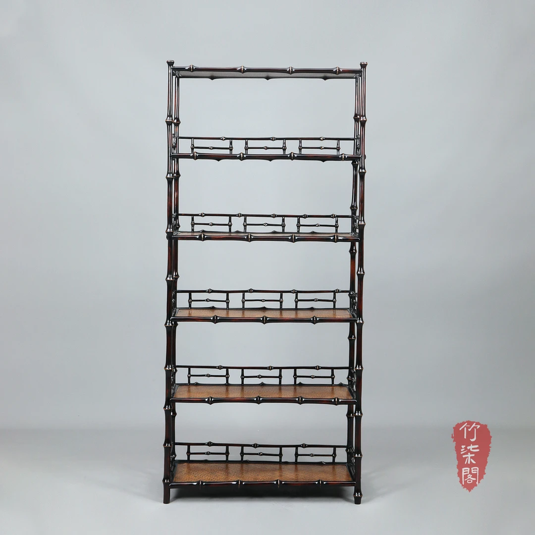 大漆筇竹书架竖条博古架茶具收纳展示架新中式书房客厅摆件多宝阁