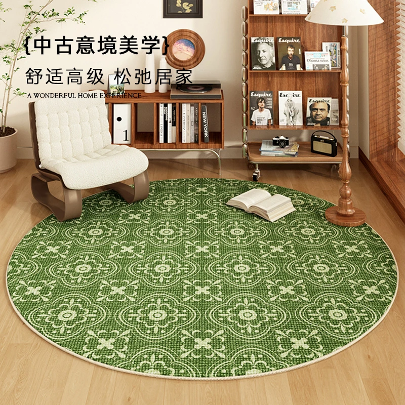 复古绿色圆形地毯中古风可擦免洗防水防污地垫客厅卧室衣帽间脚垫