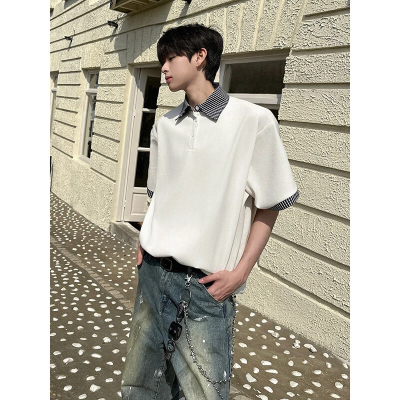 学院风假两件衬衫领重磅短袖t恤男夏季潮牌半袖痞帅宽松五分中袖