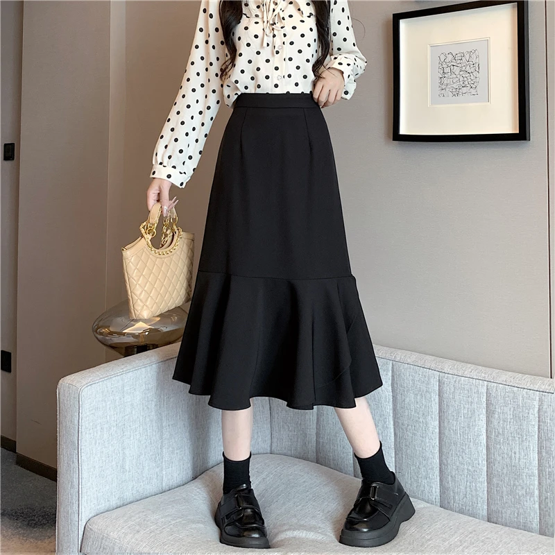 黑色鱼尾半身裙子女秋季2025新款150小个子高腰a字裙包臀中长裙