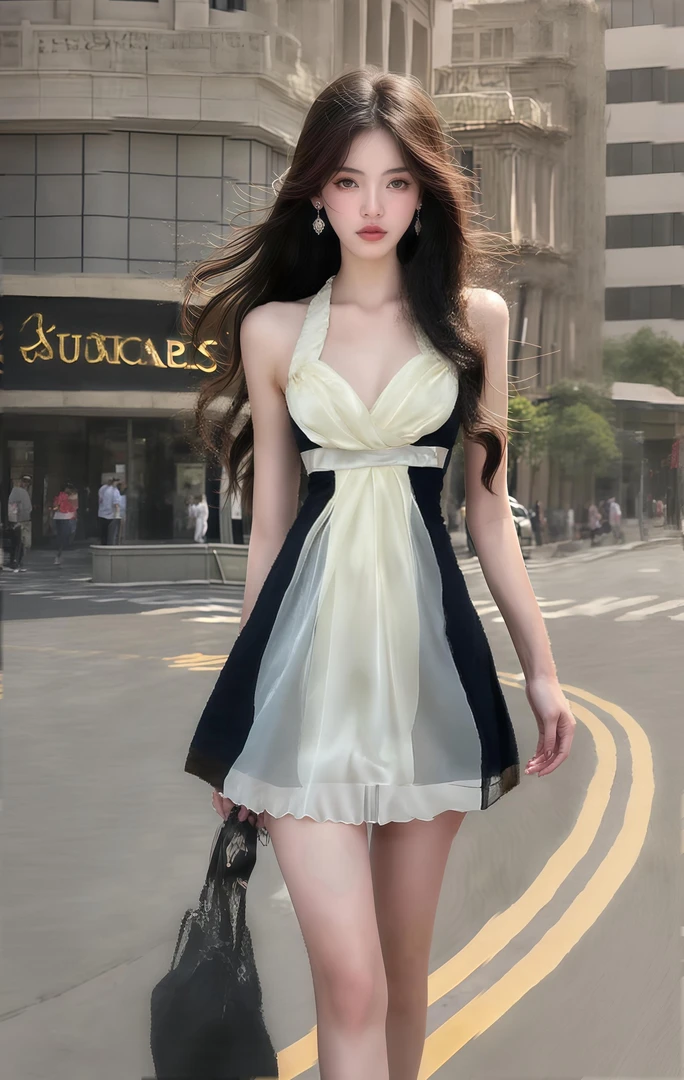 纯欲辣妹风V领挂脖高腰显瘦连衣裙女气质轻奢法式短款收腰小个子