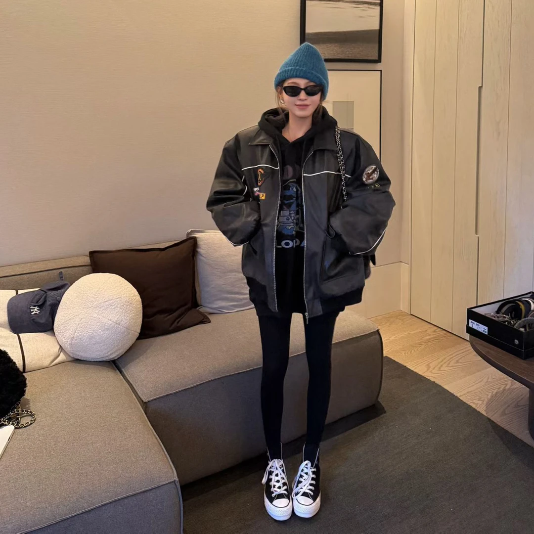 GOD正版财神家2025年冬季新款垫肩宽松洋气夹棉重工机车皮衣女潮