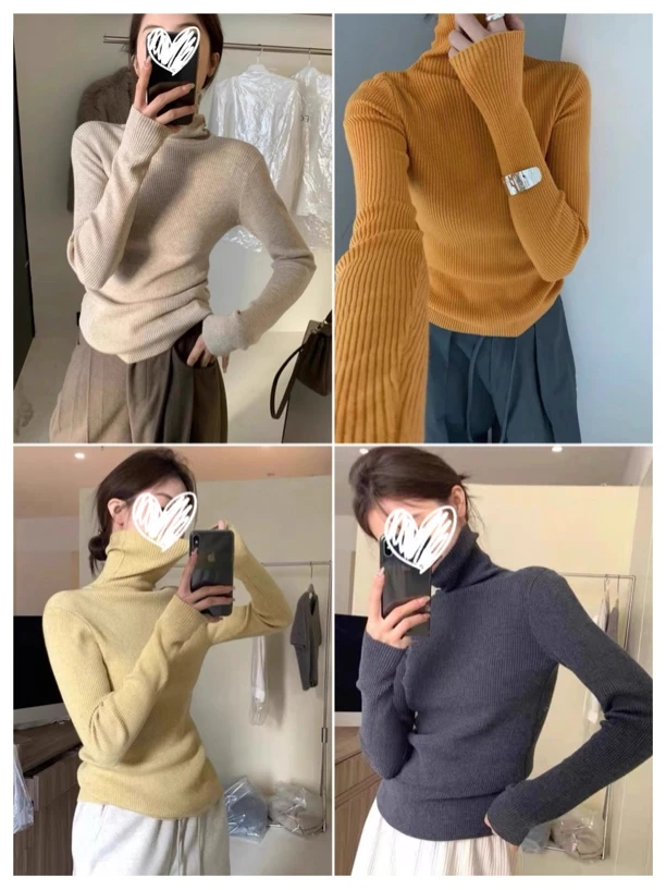 51047 纯色基础高领坑条纹打底衫