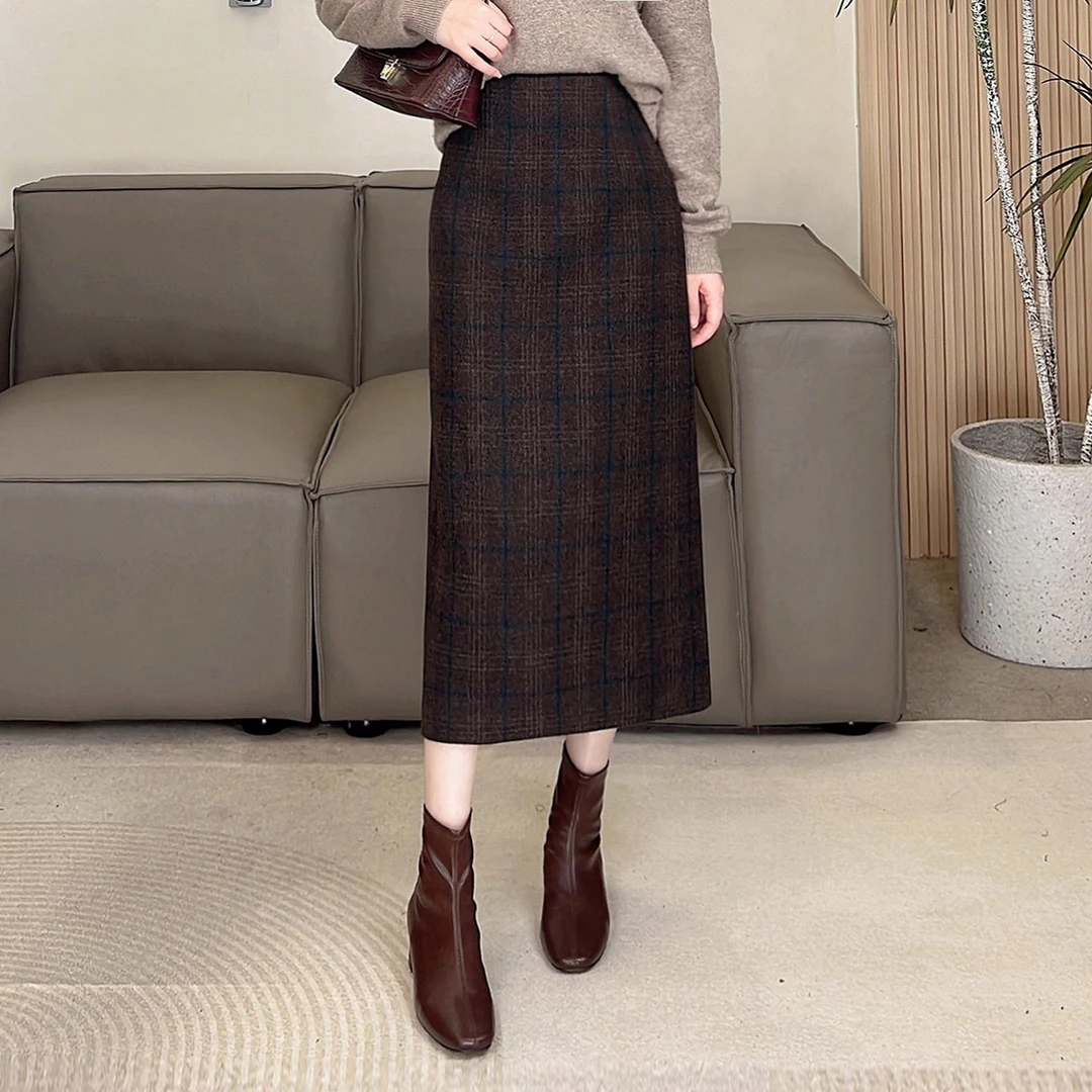 羊毛呢半身裙女秋冬新款中长款高腰显瘦a字裙复古格子直筒裙19533