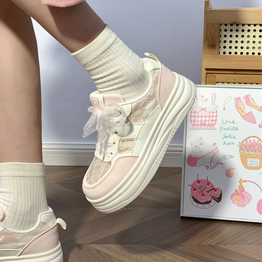 人本夏季女鞋蕾丝小白鞋网面透气休闲鞋2025新款厚底单网镂空鞋子