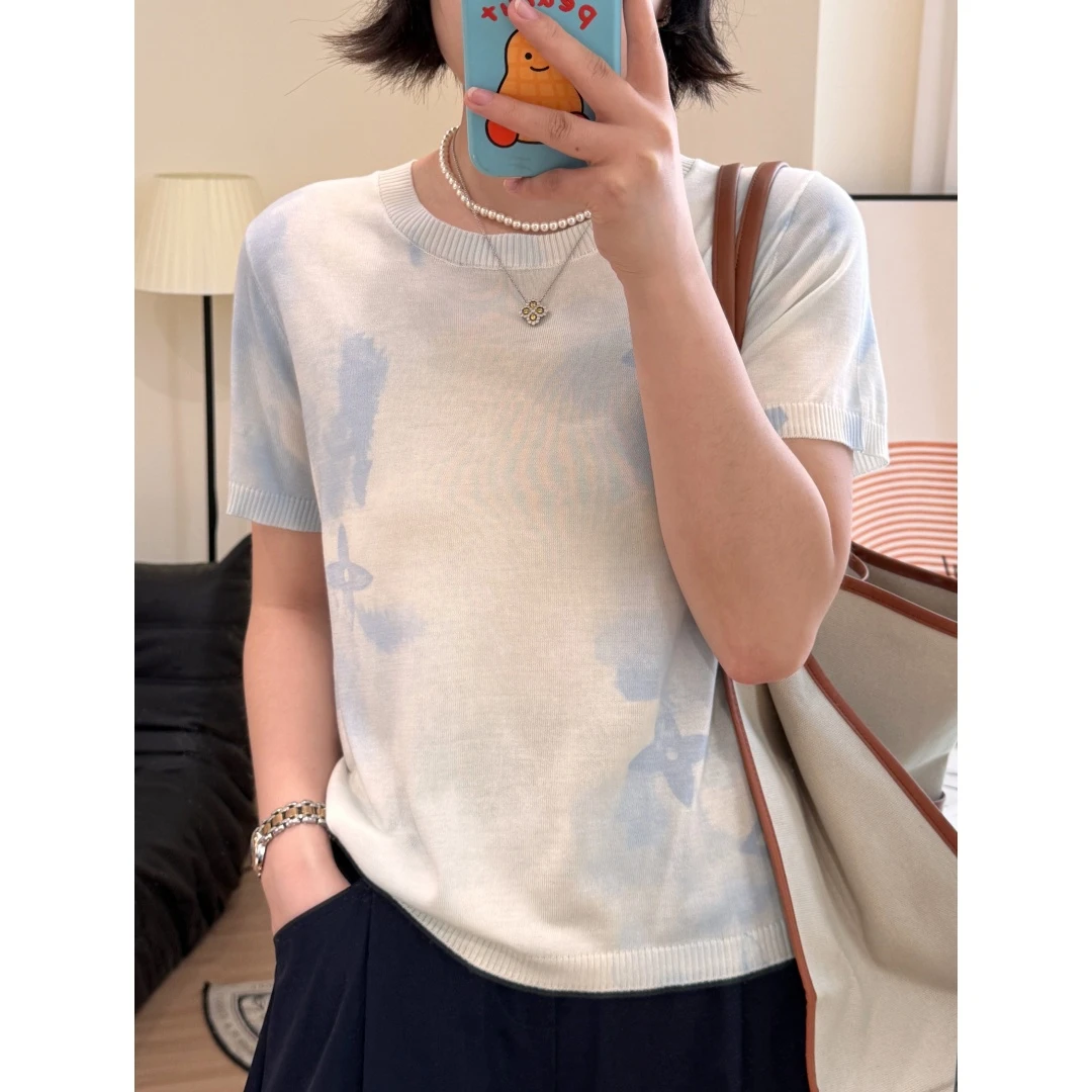 「夏日冰淇淋」凉感莱赛尔渐变色印花圆领针织短袖T恤Q0357