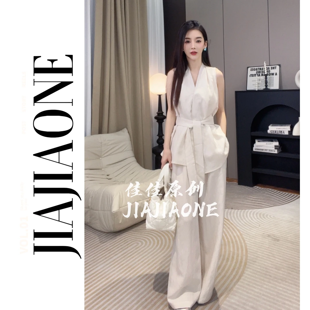 【JIAJIA私服】夏季新款时尚气质设计感收腰亚麻上衣宽松阔腿裤2819