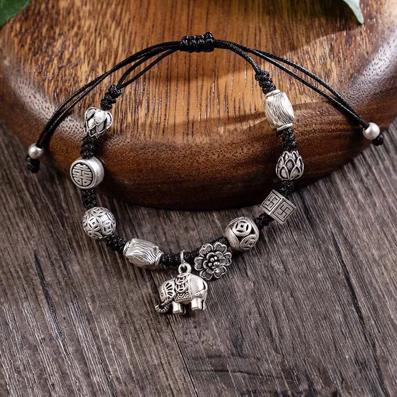 足银手链 999【41】大象手链手工编制黑绳