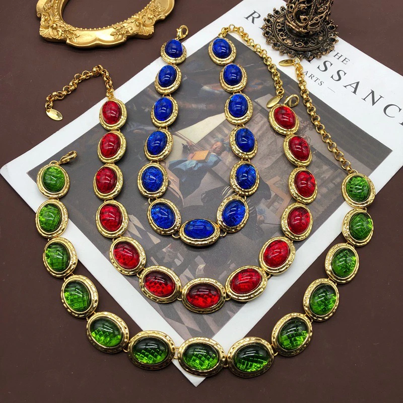 铜合金琉璃项链 西洋中古彩色琉璃独特复古设计锁骨链颈链项链