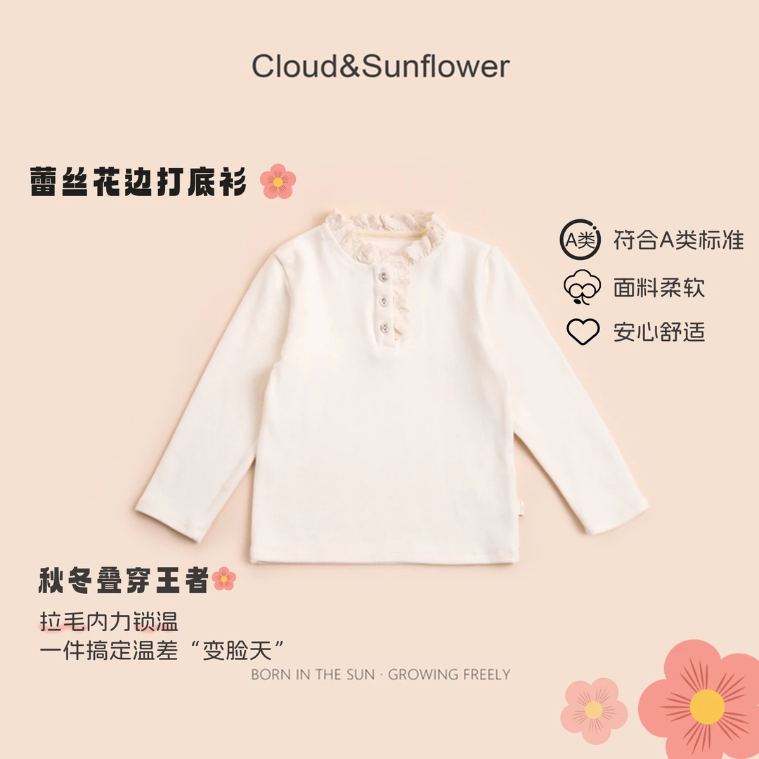 【云朵小葵】女童春季三粒扣蕾丝花边圆领百搭休闲打底衫991321