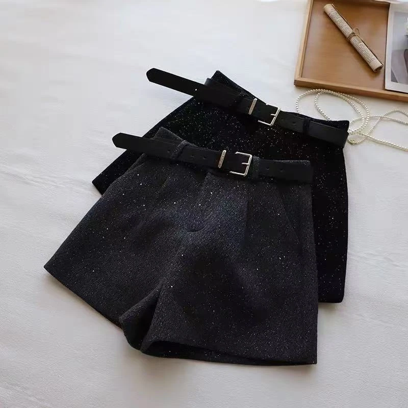 秋冬季高腰小香风闪闪重工亮片毛呢短裤a字阔腿裤靴裤子女 配腰带