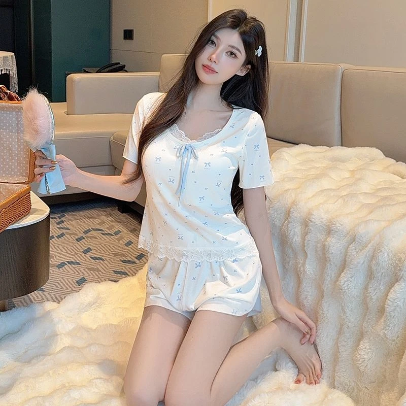 夏季新款带胸垫睡衣女莫代尔棉纯欲风甜美花边公主风时尚家居服