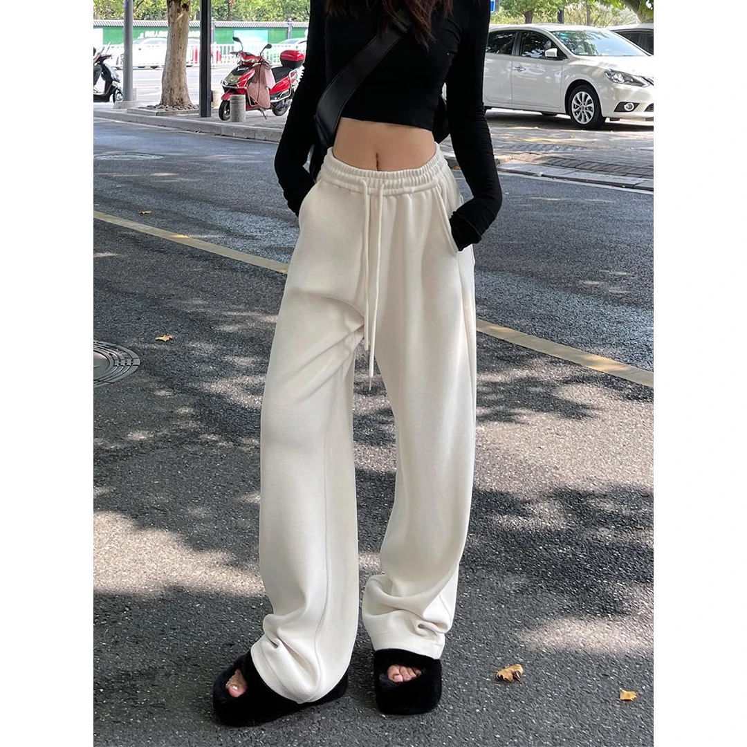 白色阔腿裤女秋冬新款加绒垂感休闲拖地直筒运动卫裤糯米抽绳裤子