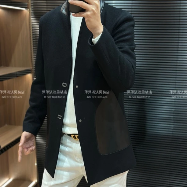 秋冬男士中长款薄绵小立领羊毛拼皮大衣D18