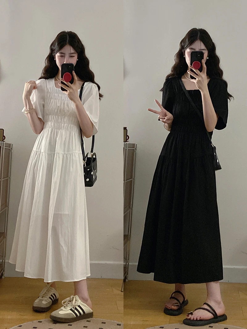 2025夏装新款胖mm大码女时尚高级感方领纯色收腰显瘦连衣裙21705