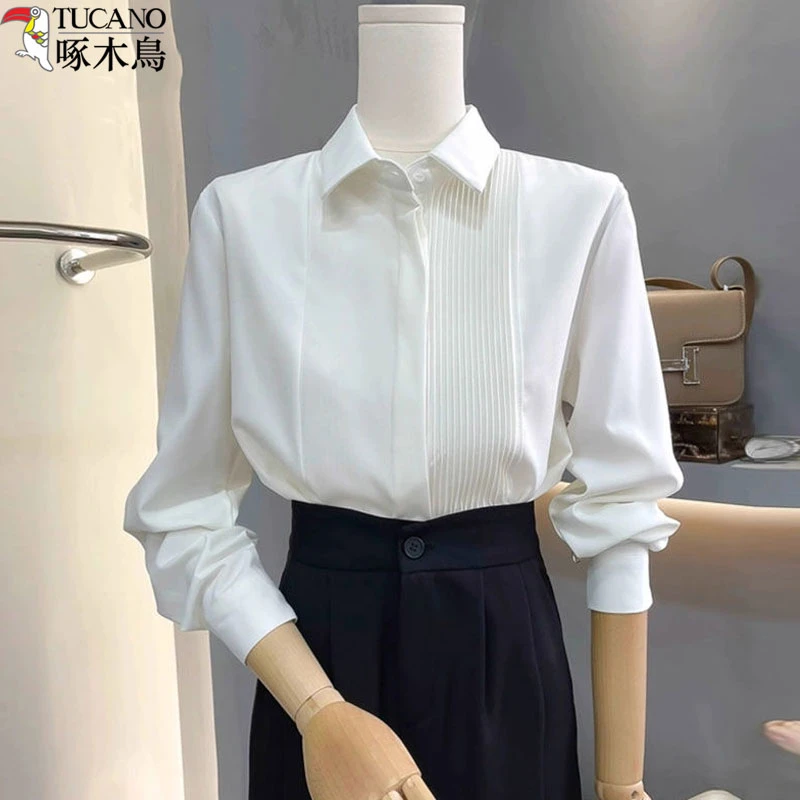 啄木鸟法式白衬衫女款秋季新款气质工作上衣设计感风琴褶垂顺衬衣