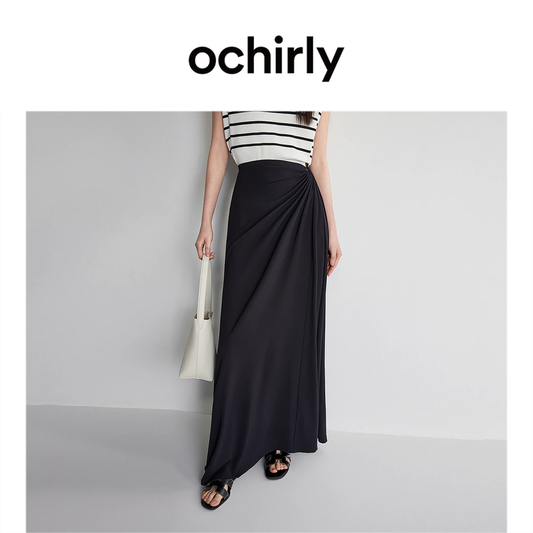 高腰长款抽褶半身裙 ochirly欧时力新款夏装通勤小白裙黑裙