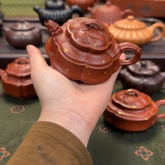 紫砂茶壶六方海棠竹鼓洒金