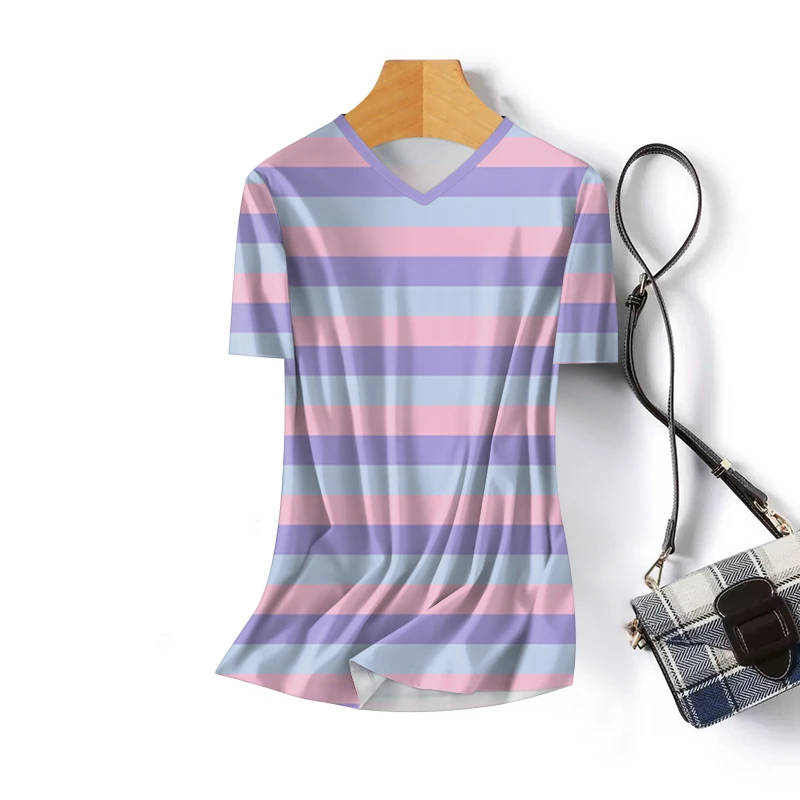 好品捡漏~夏季款条纹短袖t恤女大码宽松遮肚显瘦圆领打底上衣时尚