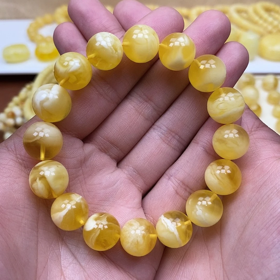 琥珀未镶嵌珠宝奇石13尺寸金白溶洞圆珠手串