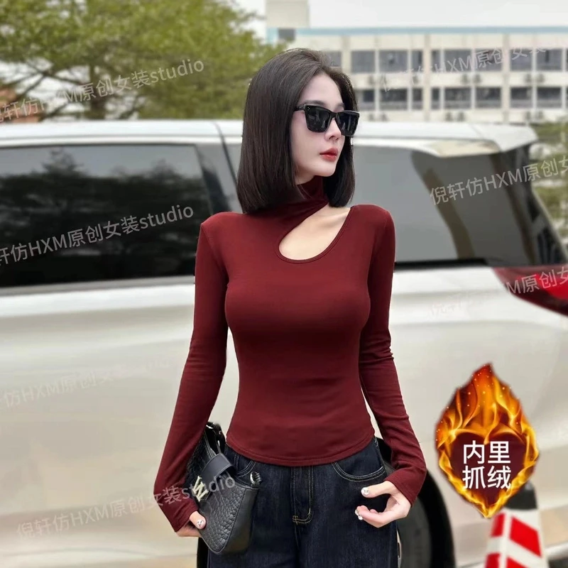 【内里抓绒】酒红色半高领镂空长袖打底衫女修身内搭漏锁骨显瘦上衣
