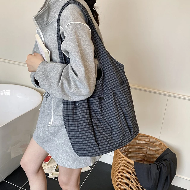 格子帆布包女大容量2025新款夏季百搭休闲单肩购物袋大学生上课包
