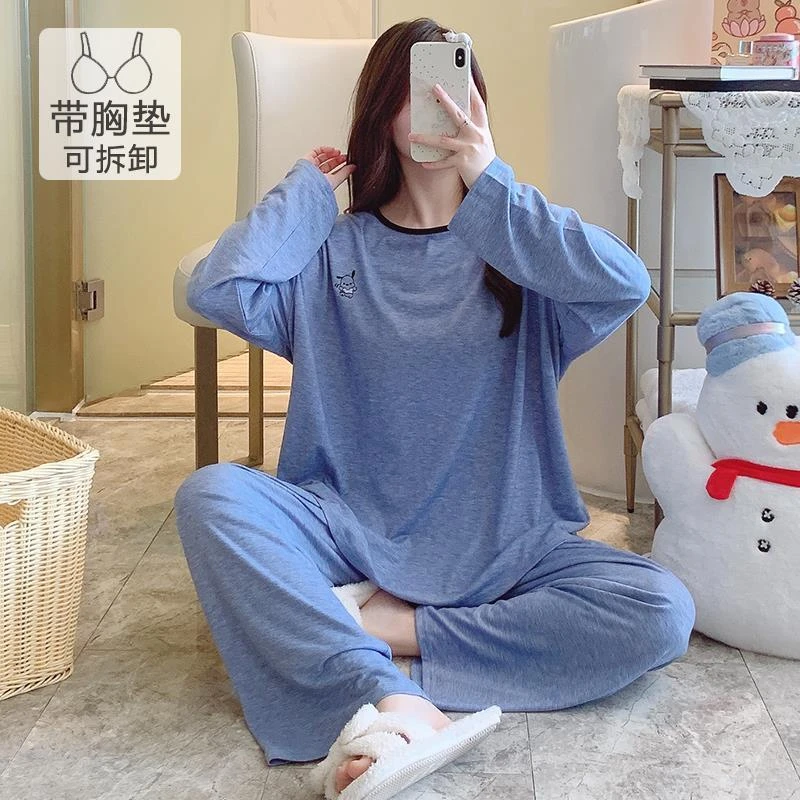 带胸垫睡衣女士春秋冬季长袖长裤可爱莫代尔大码200斤保暖家居服