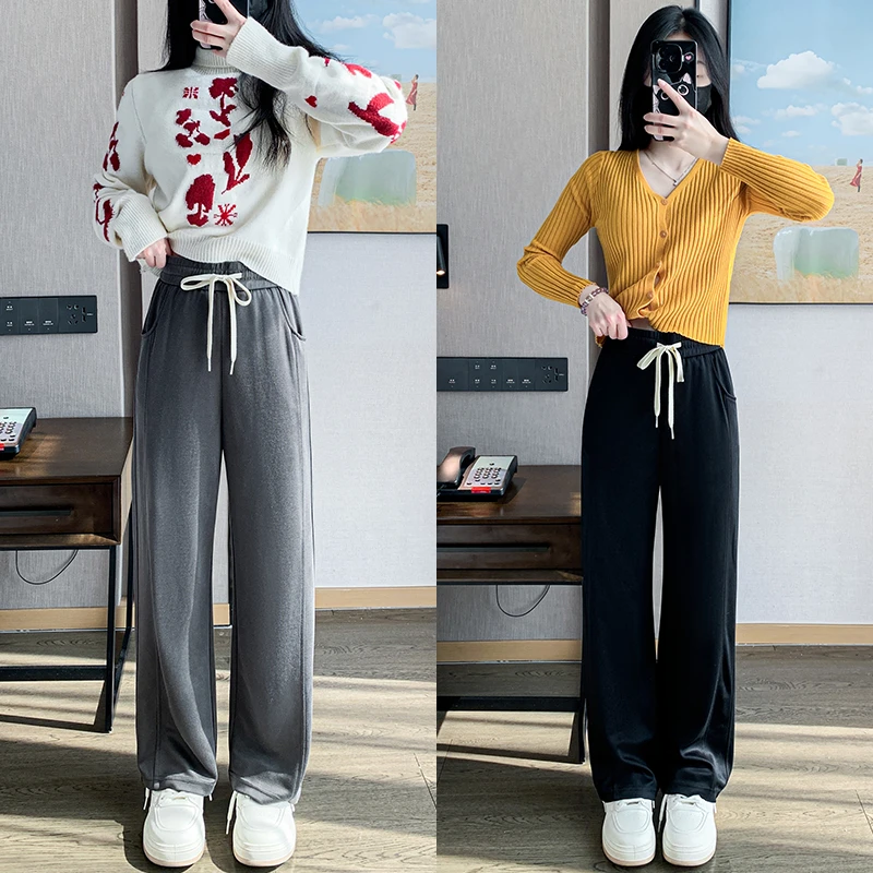 纱线斜纹窄版直筒裤女小个子春季新款显瘦直筒裤洋气休闲裤子抽绳