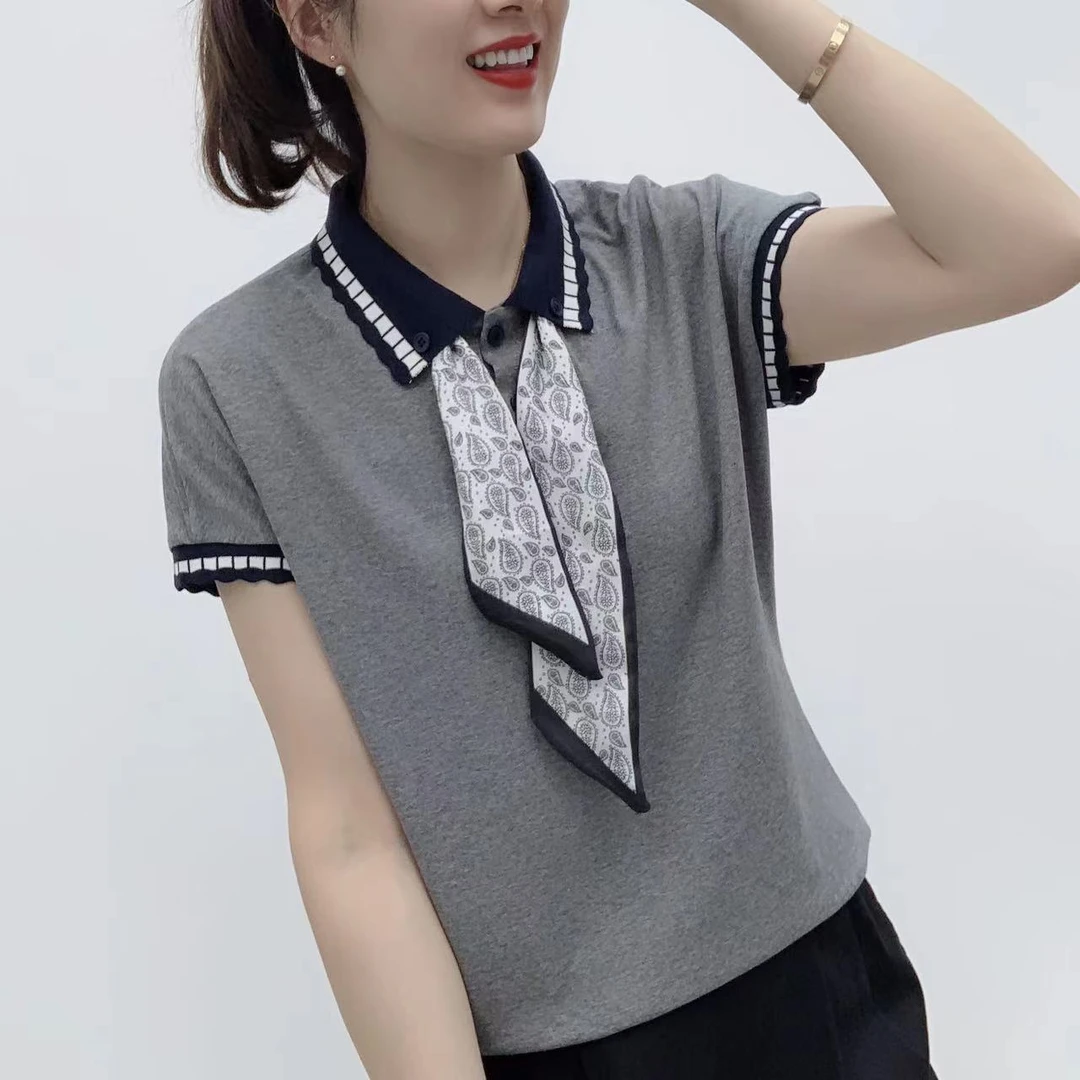 拼接薄款常规款百搭减龄polo翻领宽松女士时尚T恤