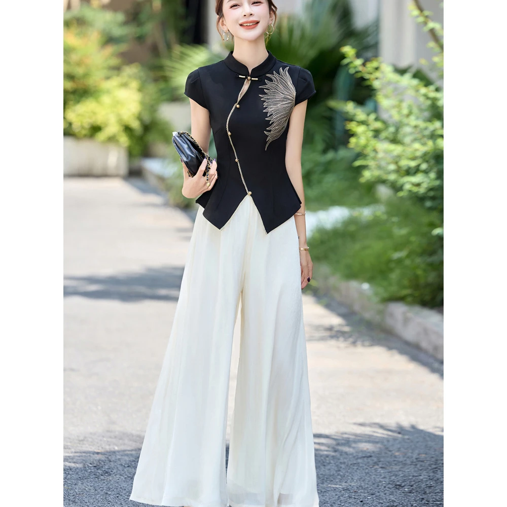 新中式国风套装女夏高级设计感复古盘扣刺绣时尚洋气阔腿裤两件套