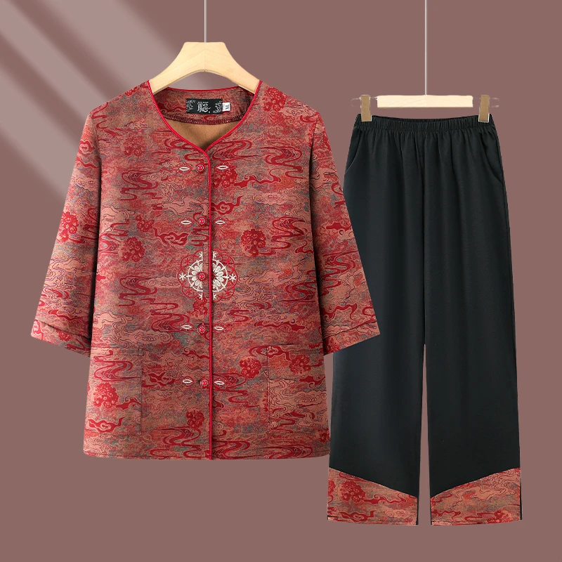 中老年女装夏装新中式两件套洋气奶奶装七分袖套装老人妈妈装衬衫