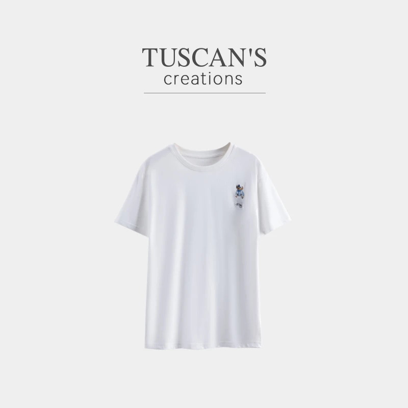 TUSCAN'S CREATIONS新款简约百搭潮流小熊女款圆领宽松纯棉T恤