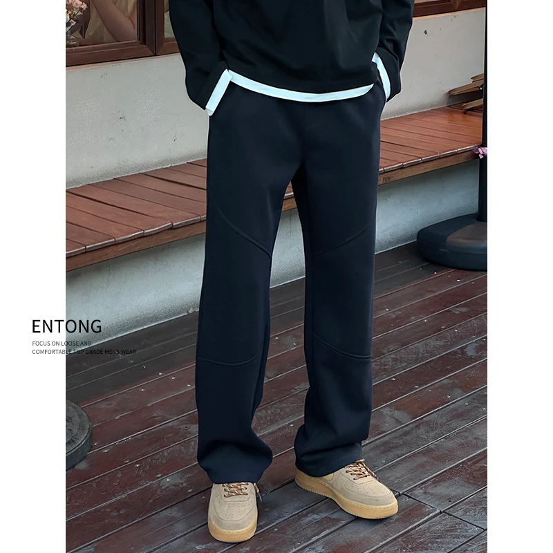 Entong美式高街针织黑色卫裤男生秋季百搭宽松运动裤直筒休闲裤男
