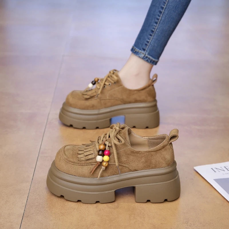 厚底流苏袋鼠松糕鞋女2025年秋季百搭复古小个子增高休闲乐福单鞋