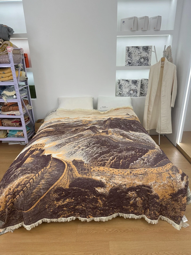 【万里长城】纯棉纱布床多功能盖毯子流苏卧室双层盖毯200*230cm