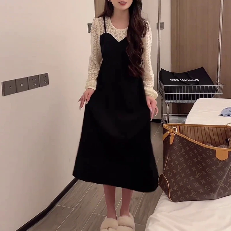 2025秋季新款长袖法式蕾丝拼接大码女装连衣裙时尚气质高腰中长裙