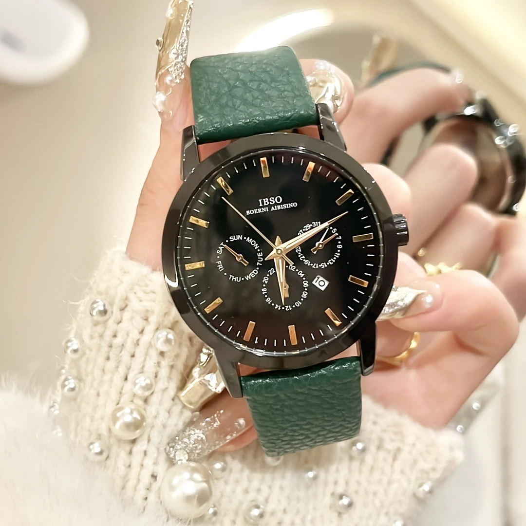 【萝伦】时尚设计感ins日历女士皮带手表气质百搭女表腕表9369