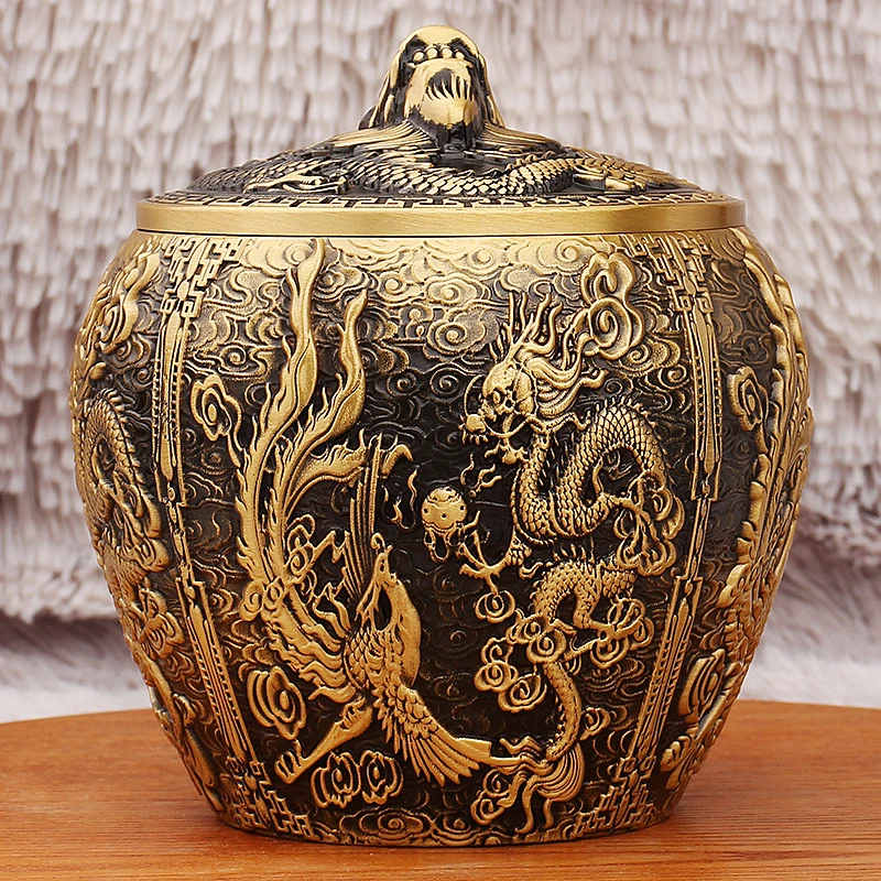 精品【高11cm宽10cm】黄铜龙凤茶叶罐办公茶桌储存罐浮雕工艺品摆件