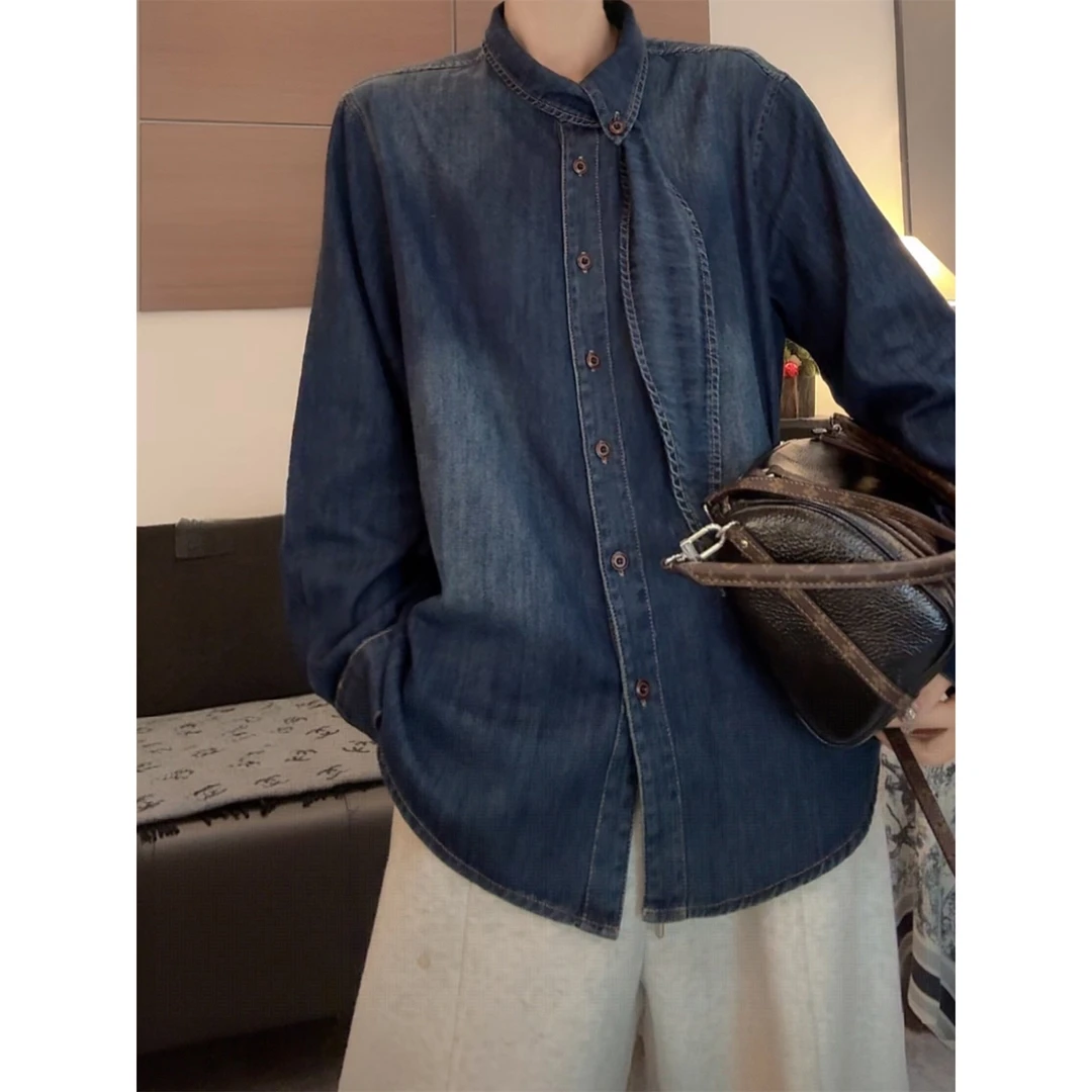 复古系带做旧小众设计感牛仔衬衫女轻奢减龄洋气叠穿衬衣外套