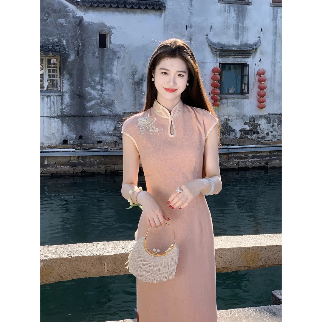 凌茜恣禾【池南春】国风新中式橘粉色大气修身收腰显瘦旗袍连衣裙