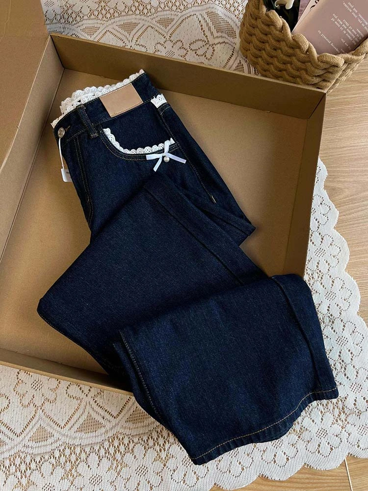大码微胖深蓝色复古蕾丝拼接牛仔裤女春季高腰直筒宽松显瘦阔腿裤