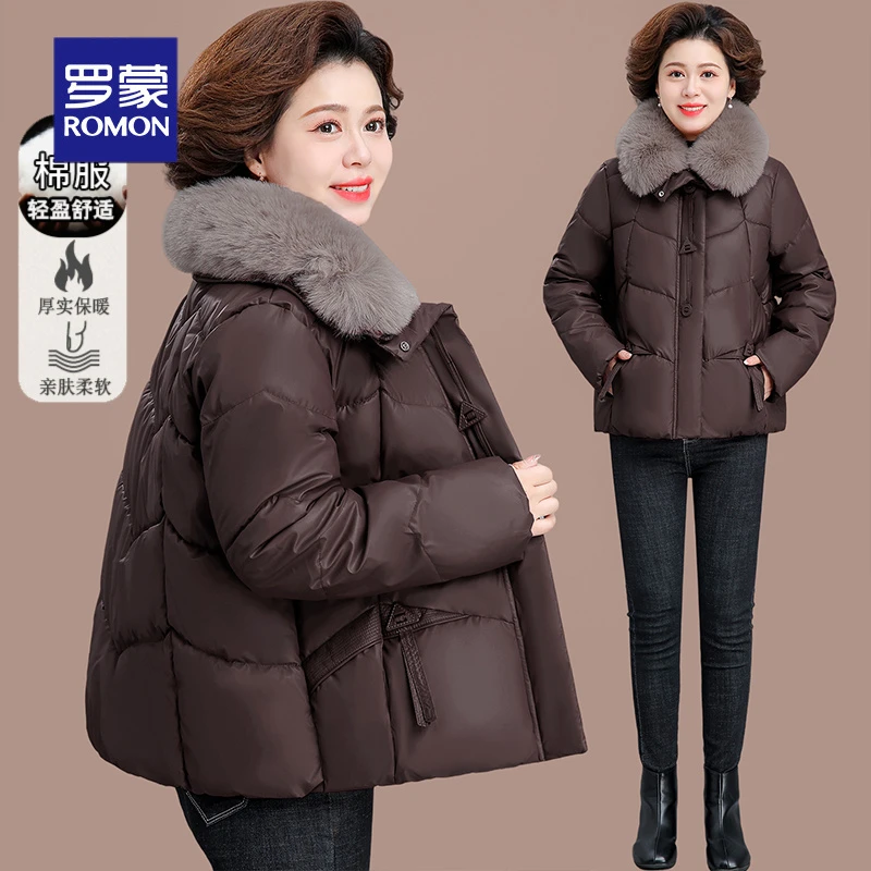 罗蒙中年妈妈冬装棉服短款洋气大码棉袄新款中老年女秋冬棉衣外套