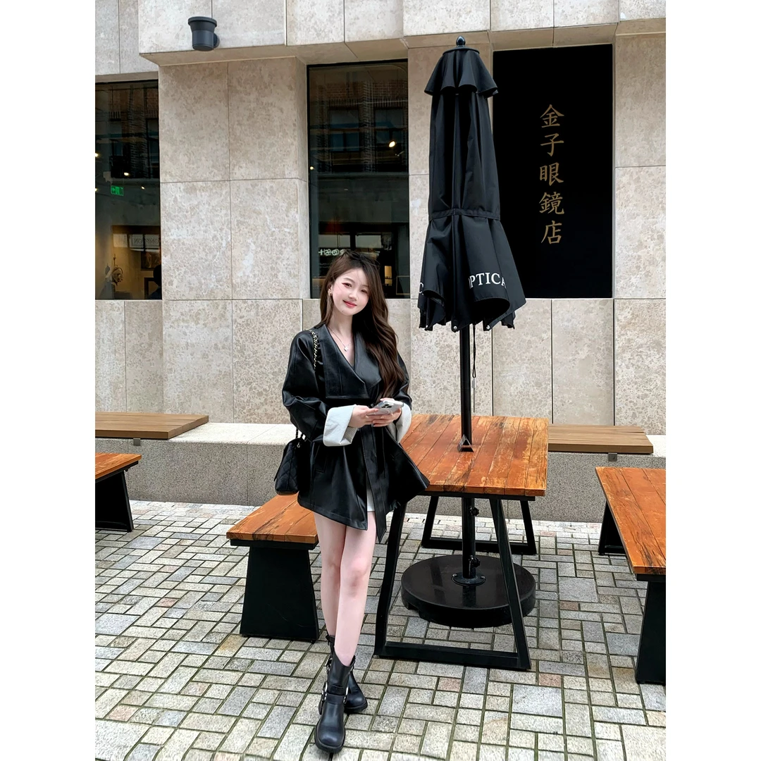 佐佐家小个子复古黑色光泽大翻领酷飒皮衣外套春秋季女中长款夹克
