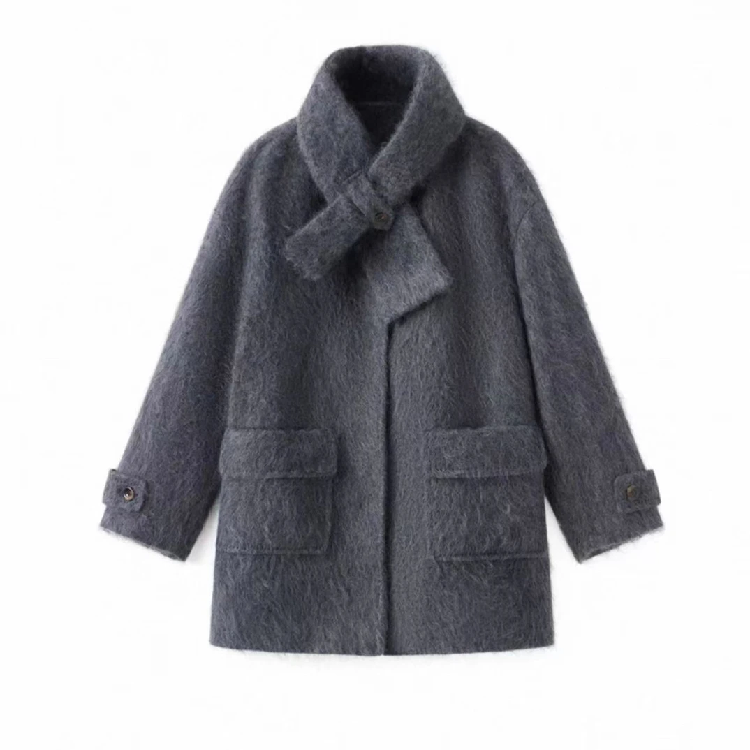 【苏茵】年货拉绒羊毛短款毛呢大衣可拆卸小围巾女高级感外套