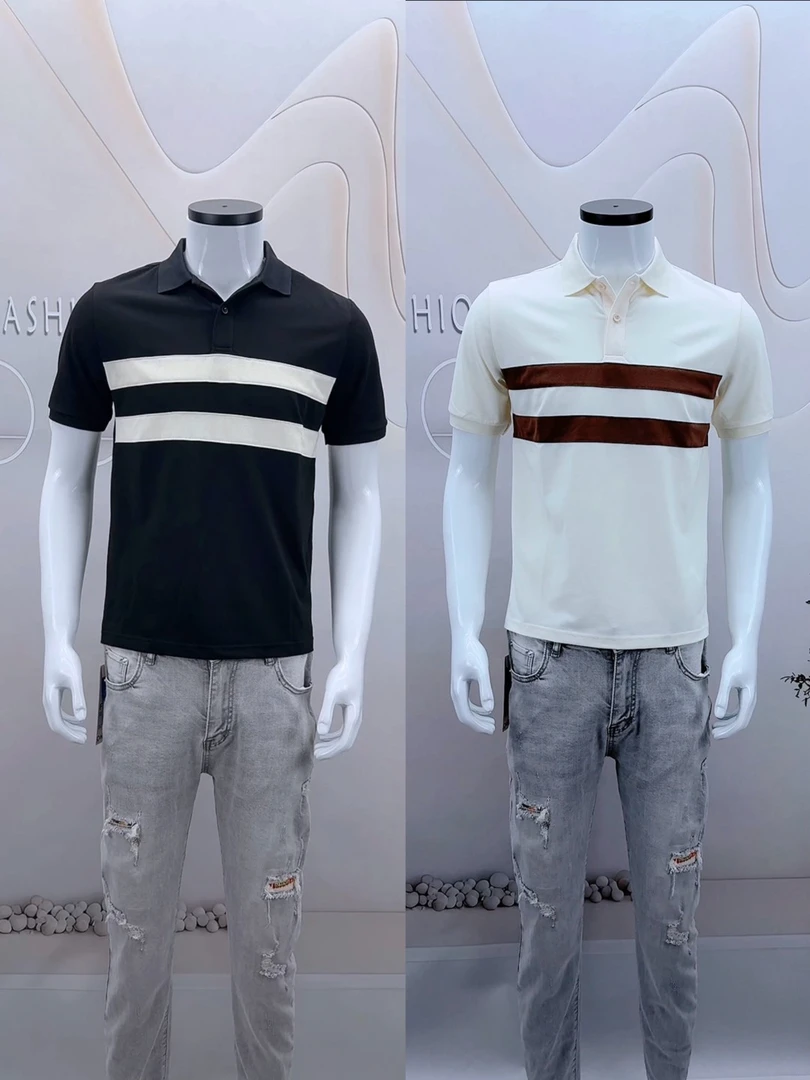 新款韩版男士翻领薄款修身时尚条纹拼接 上衣男短袖polo衫